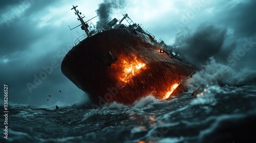 An engulfed ship is consumed by flames while turbulent waves crash against it, highlighting the intense and desperate fight for life against nature's fury. photo