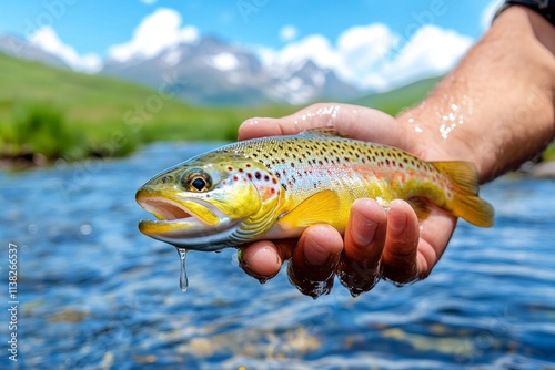 A fisherman holding up a freshly caught trout by a mountain stream, with water droplets glistening in the sunlight photo