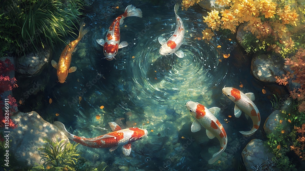 A serene koi pond featuring an array of brightly colored koi fish swimming among soft ripples, surrounded by smooth stones and vibrant plants, with warm light filtering through the trees above, A serene koi pond featuring an array of brightly colored koi fish swimming among soft ripples, surrounded by smooth stones and vibrant plants, with warm light filtering through the trees above,