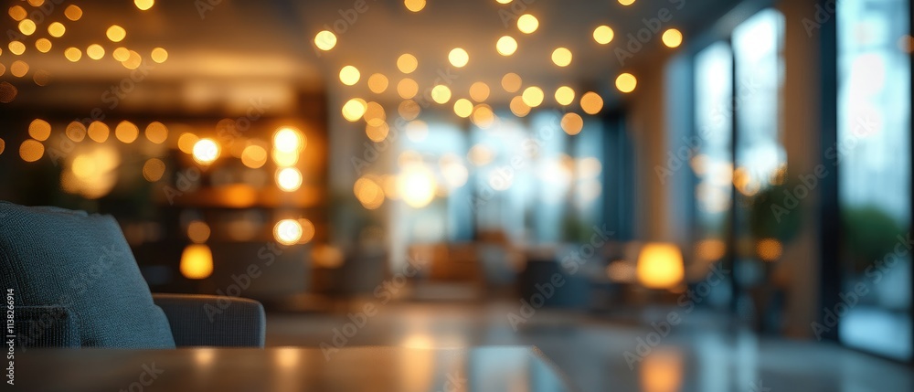 Fototapeta premium Blurred image of a modern, dimly lit lounge area with comfortable seating and warm lighting.