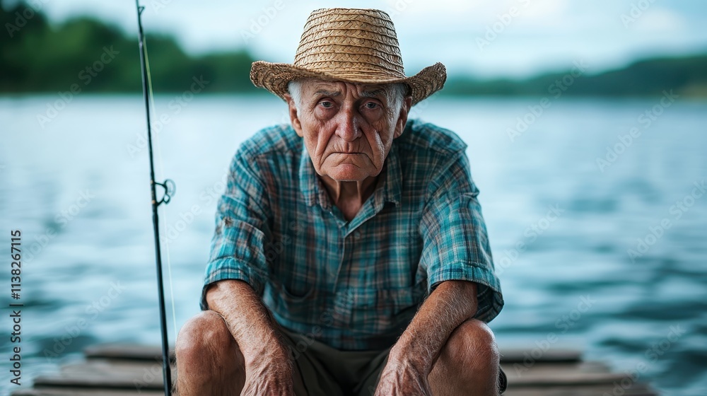 An aged man with a straw hat and plaid shirt sits by the lake with a fishing rod, embodying a serene and contemplative disposition on a wooden dock. An aged man with a straw hat and plaid shirt sits by the lake with a fishing rod, embodying a serene and contemplative disposition on a wooden dock.
