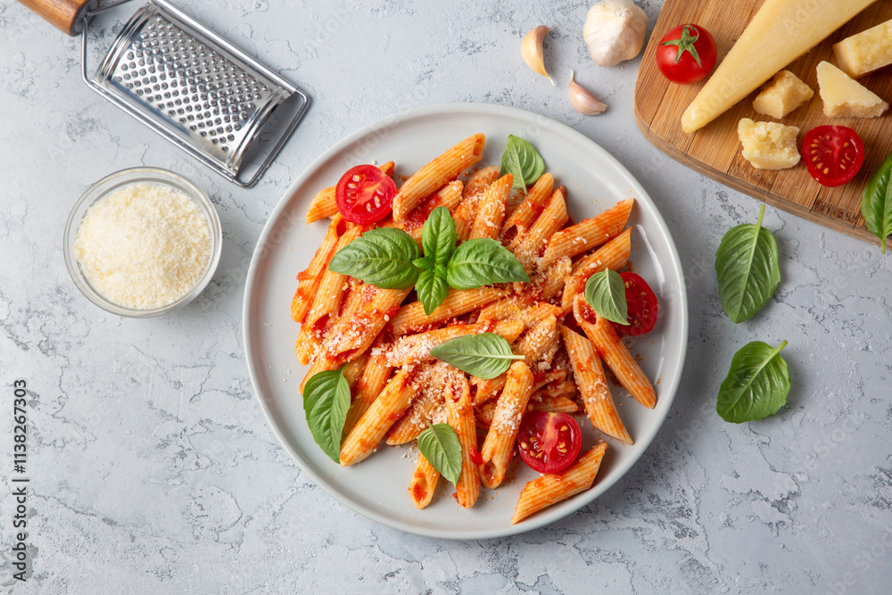 Classic italian pasta penne alla arrabiata with basil and freshly grated parmesan cheese on dark table. Penne pasta with chili sauce arrabbiata.