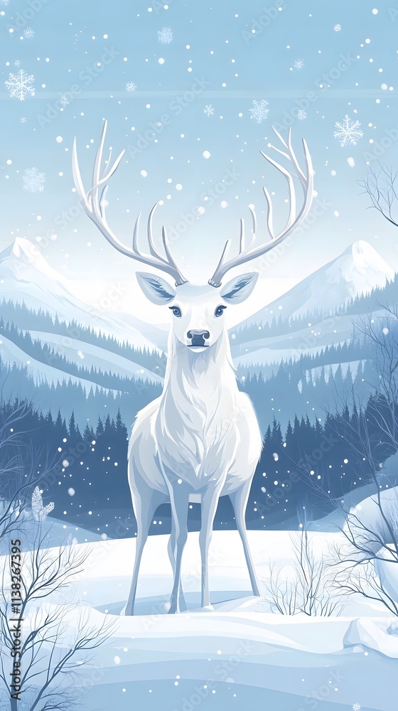 A majestic white deer with perfect antlers, and beautiful winter scenery A majestic white deer with perfect antlers, and beautiful winter scenery