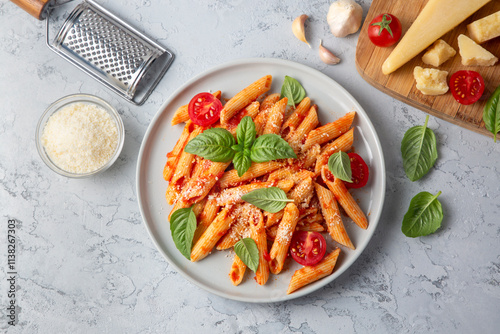 Obraz na płótnie Classic italian pasta penne alla arrabiata with basil and freshly grated parmesan cheese on dark table. Penne pasta with chili sauce arrabbiata. w salonie