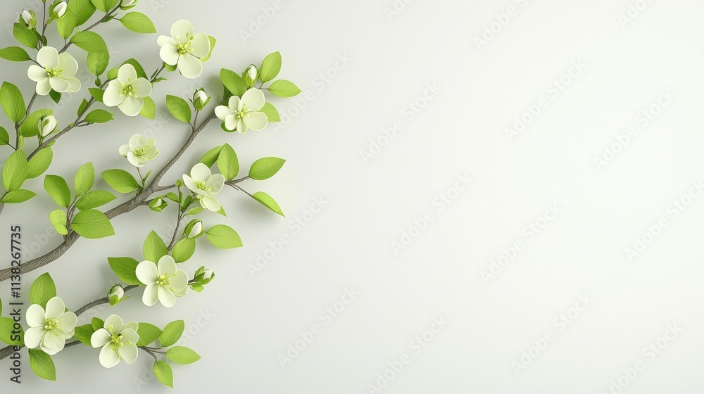 Obraz premium Tree branches adorned with fresh green buds and blossoms, symbolizing spring growth, 3D illustration