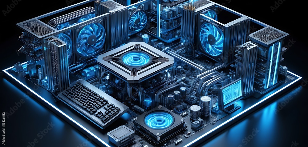 Fototapeta premium Realistic computer interior featuring glowing futuristic energy cores.