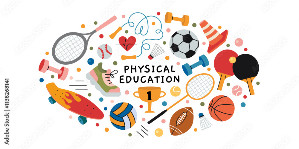 Fototapeta premium Physical education training, lesson at school, sports and active lifestyle concept. Oval art with ball, racket, sneaker, dumbbell, jumping rope and cup. Vector illustration, hand drawn, flat