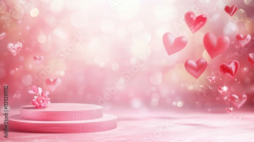 Pink Podium Background for product symbols of love, valentines day 3d. Valentines Day Pink Podium With Hearts With Gradient Mesh, with copy space