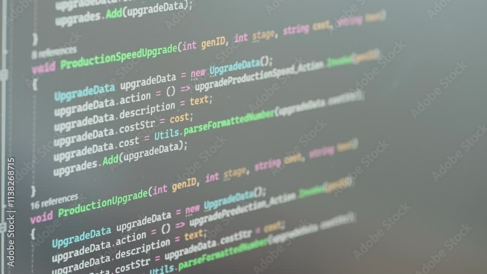 Modern programming, Coding in action, Closeup screen with digital codes and data, complexity software development, intense process software creation and innovation