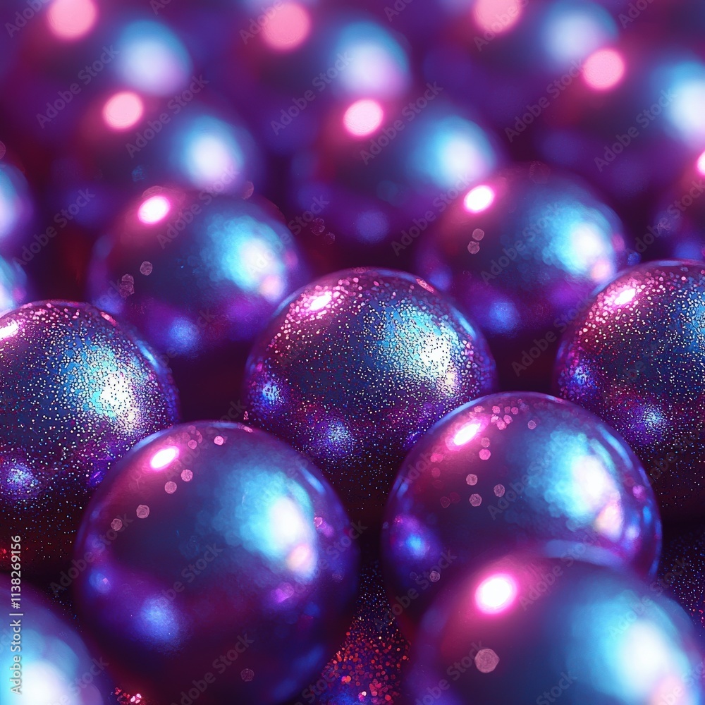 A vibrant arrangement of glossy, purple and blue spheres, reflecting light, creating a mesmerizing visual effect.