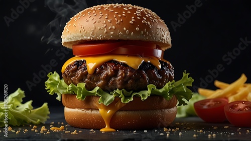 hamburger with meat and cheese and tomatoes on black background