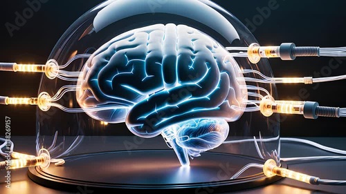 Futuristic Human Brain Under Glass Dome with Neural Connections and Glowing Energy Wires

 photo