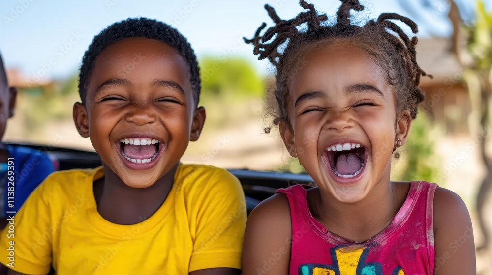 Two children in colorful outfits display genuine and heartfelt laughter, capturing a joyful and carefree moment filled with happiness, innocence, and childhood delight. Two children in colorful outfits display genuine and heartfelt laughter, capturing a joyful and carefree moment filled with happiness, innocence, and childhood delight.
