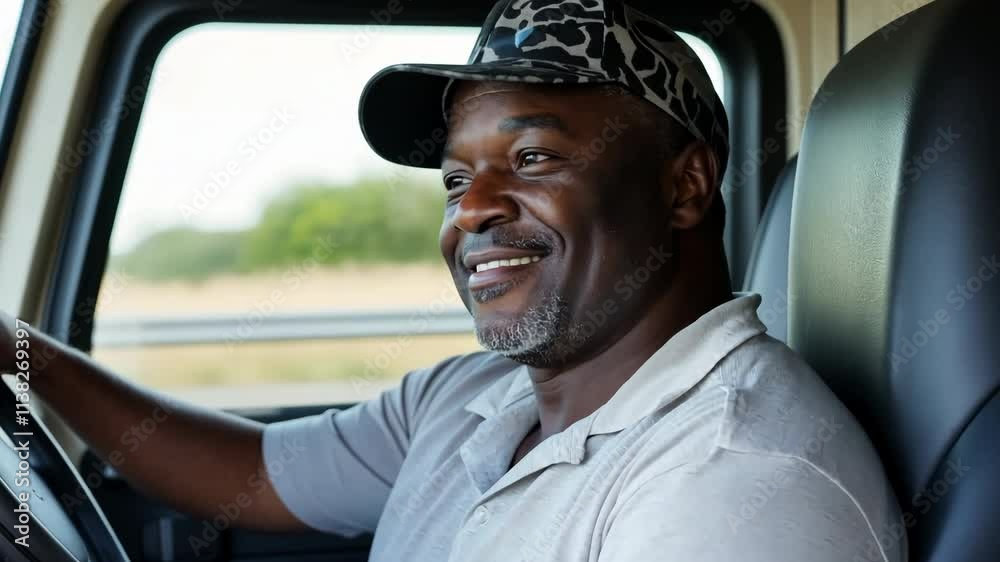 A man is smiling and driving a truck. He is wearing a hat and a white shirt. Scene is happy and relaxed