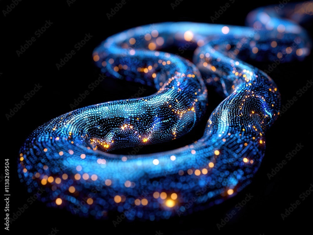 Fototapeta premium A shimmering blue snake-like figure illuminated with starry lights against a dark background.