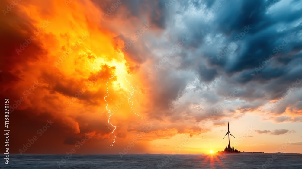 A dramatic sunset is pierced by a lightning bolt over a solitary wind turbine, situated on the horizon, amidst a vibrant contrast of orange and blue storm clouds. A dramatic sunset is pierced by a lightning bolt over a solitary wind turbine, situated on the horizon, amidst a vibrant contrast of orange and blue storm clouds.
