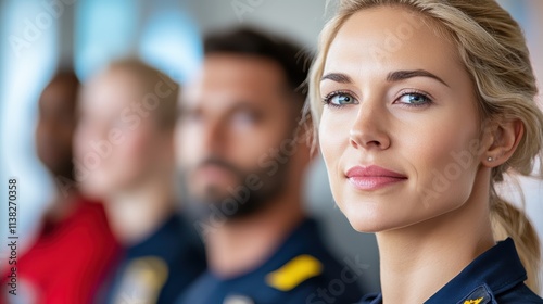 A smiling female police officer in uniform looks confidently towards the camera, symbolizing trust, dedication, and community service in modern law enforcement. photo