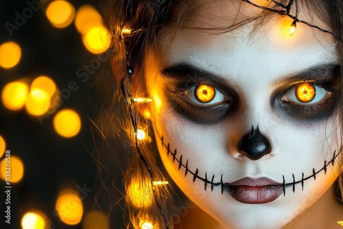 A gothic depiction of a pale face with dark makeup, surrounded by shadows and eerie glowing lights photo