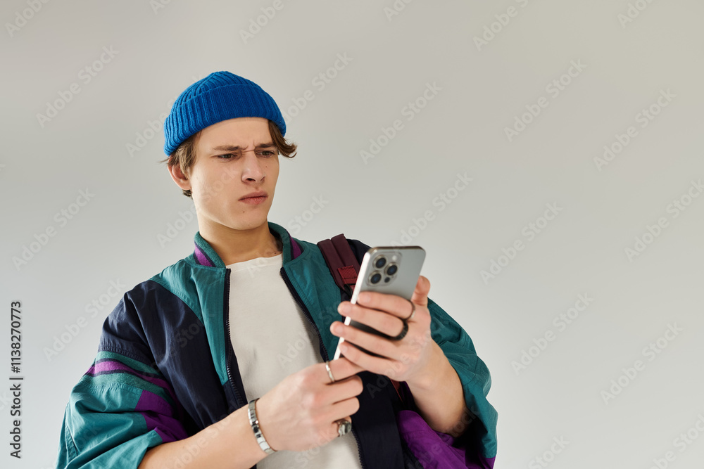 A young man in a stylish bomber jacket uses his smartphone in a modern studio.