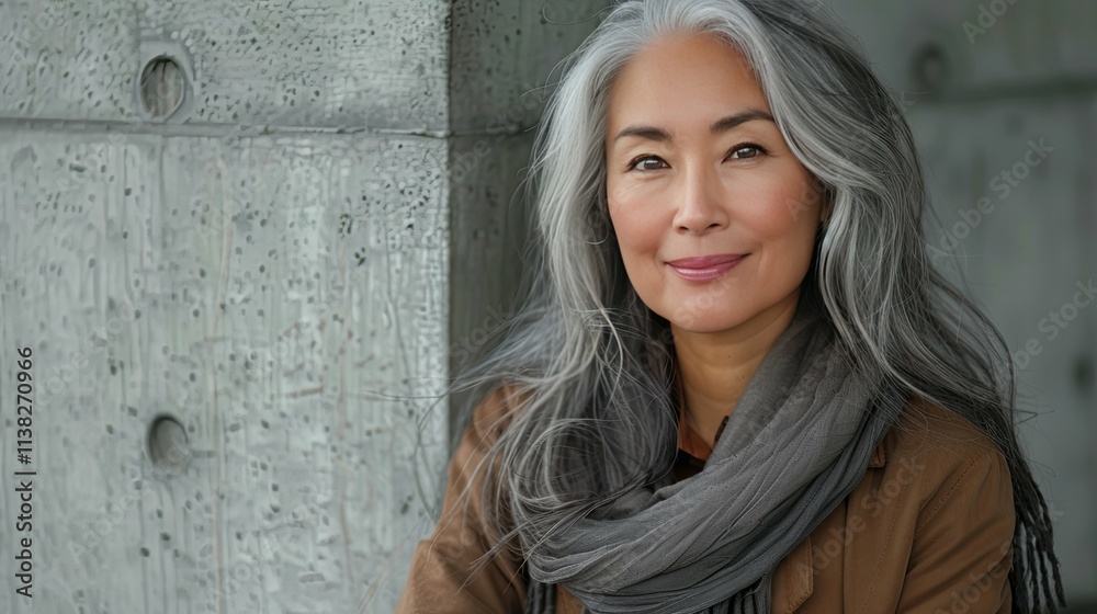 Portrait of a serene mature woman with long silver hair, wearing a brown jacket and gray scarf. Portrait of a serene mature woman with long silver hair, wearing a brown jacket and gray scarf.