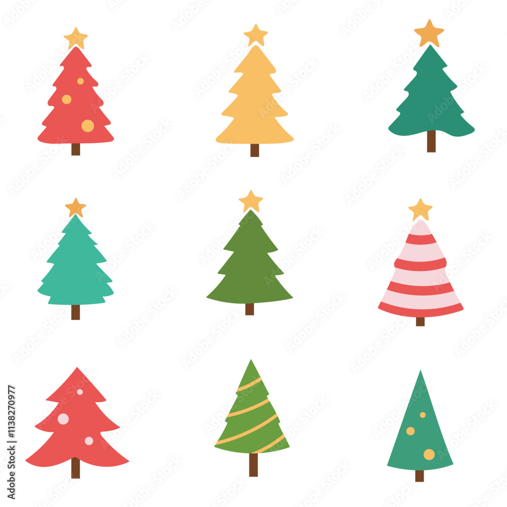 Obraz premium Set of Christmas trees with different decorations. Evergreen forest. Holiday design for cards, banners, packaging and textiles. Traditional symbol of Christmas and New Year. Vector illustration.