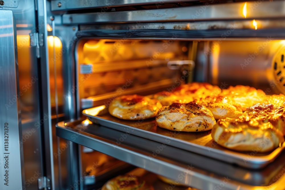 Bakery Oven. Professional Industrial Convection Cooker for Catering with Freshly Cooked Bakery Products Bakery Oven. Professional Industrial Convection Cooker for Catering with Freshly Cooked Bakery Products