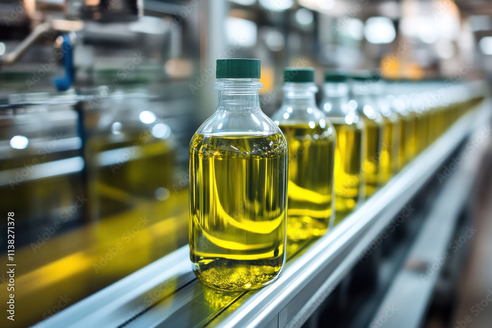 Olive oil bottles on a conveyor belt in a factory. Olive oil bottles on a conveyor belt in a factory.