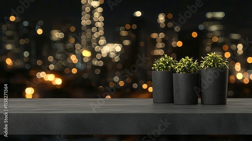 Urban Green Oasis: Minimalist Plants Amid City Nightlights, Growth by Design