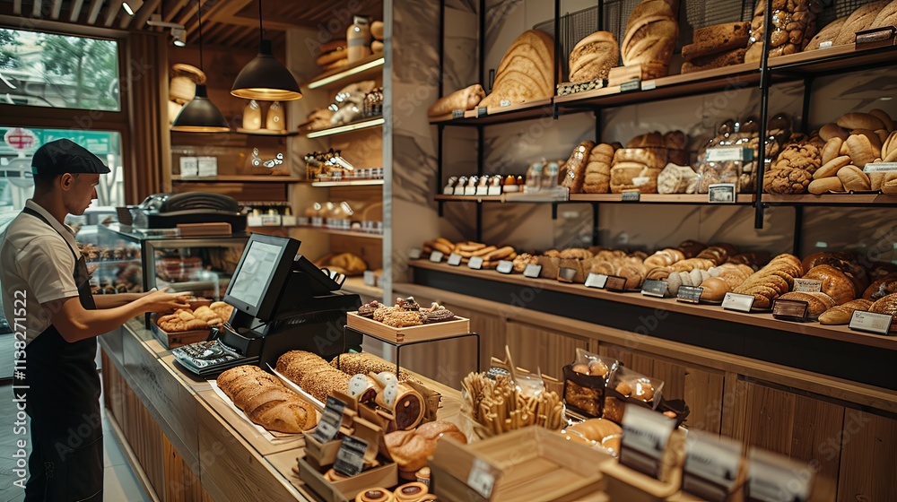 Baker arranging fresh bread in a modern bakery shop
