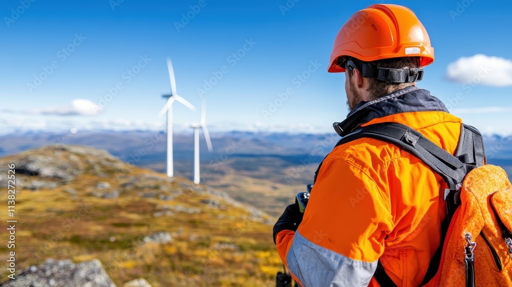 An engineer in orange safety gear examines a distant wind turbine field, embodying clean energy, innovation, and the future of sustainable technology.