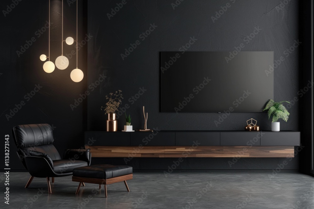 Black And White Living Room. Modern Luxury Interior with Black Walls and Furniture Black And White Living Room. Modern Luxury Interior with Black Walls and Furniture