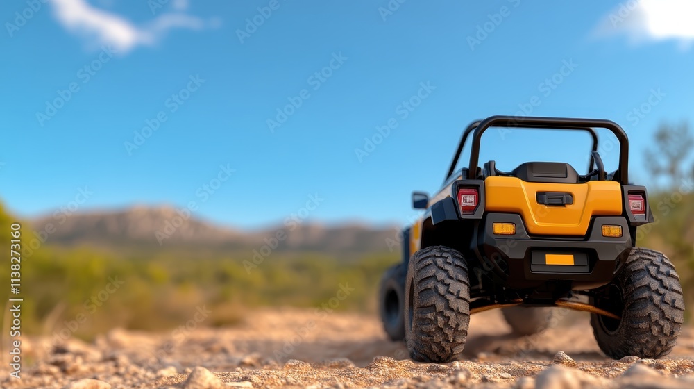 A bold, yellow and black off-road vehicle with large tires navigates a rugged, rocky terrain under a clear blue sky, capturing an adventurous spirit in high detail. A bold, yellow and black off-road vehicle with large tires navigates a rugged, rocky terrain under a clear blue sky, capturing an adventurous spirit in high detail.