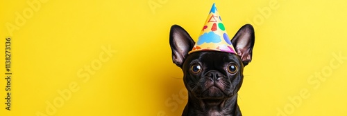cute funny dog in birthday hat, yellow background, copy space