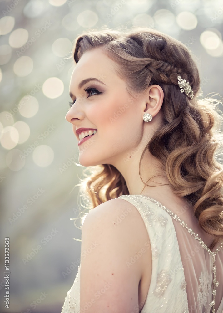 Beautiful bride with elegant hairstyle looking out the window in soft light