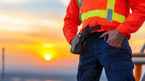 Dressed in vivid orange high-visibility safety gear, a worker stands resolutely at an industrial site during sunset, representing commitment and perseverance. photo