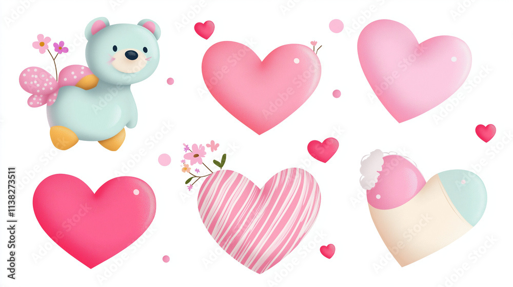 PNG Set of pastel hearts, pink, blue green 3d PNG Set of pastel hearts, pink, blue green 3d
