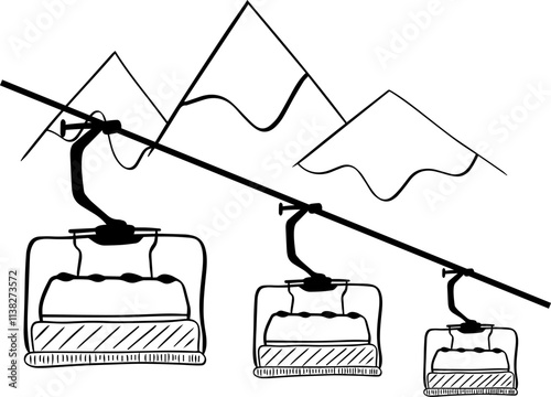 mountain lift Cable car transportation vector graphic line art composition.  mountains with snow. Recreational winter sports, holidays and vacations. photo