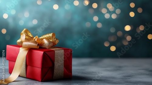 Vibrant Red and Gold Gift Box with Shimmering Ribbons in Soft Pastel Lighting photo