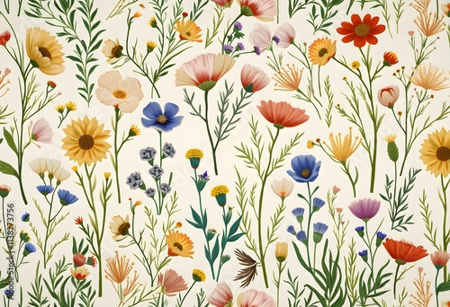 Nature-Inspired Wildflowers and Green Seamless Design