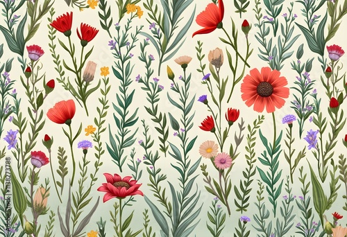 Delicate Wildflower and Green Seamless Design