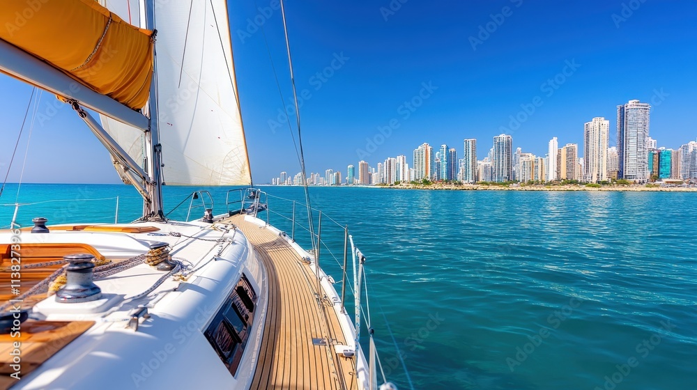 Fototapeta premium A luxurious sailboat glides on serene open waters, with a magnificent city skyline in the background, showcasing a blend of nature and urban elegance.