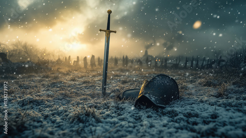Historic viking battlefield, Golden sword, cracked shields, dented helmets, heavy clouds, snowfall, Medival fight and war