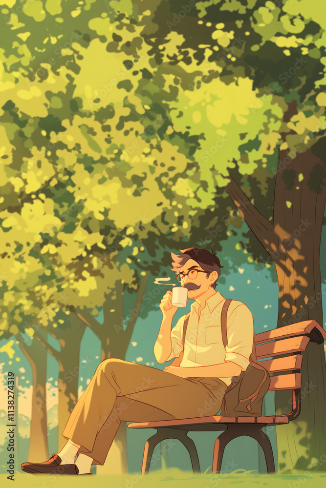 Fototapeta premium Adult man sitting outside in park alone drinking coffee anime style