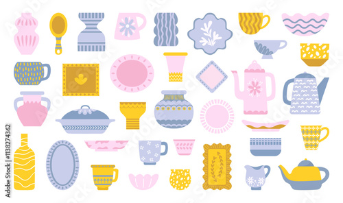 Cartoon kitchen dishes. Modern vintage ceramic crockery elements. Plates pots vases bowls and cups. Isolated kitchen tableware, neoteric vector set