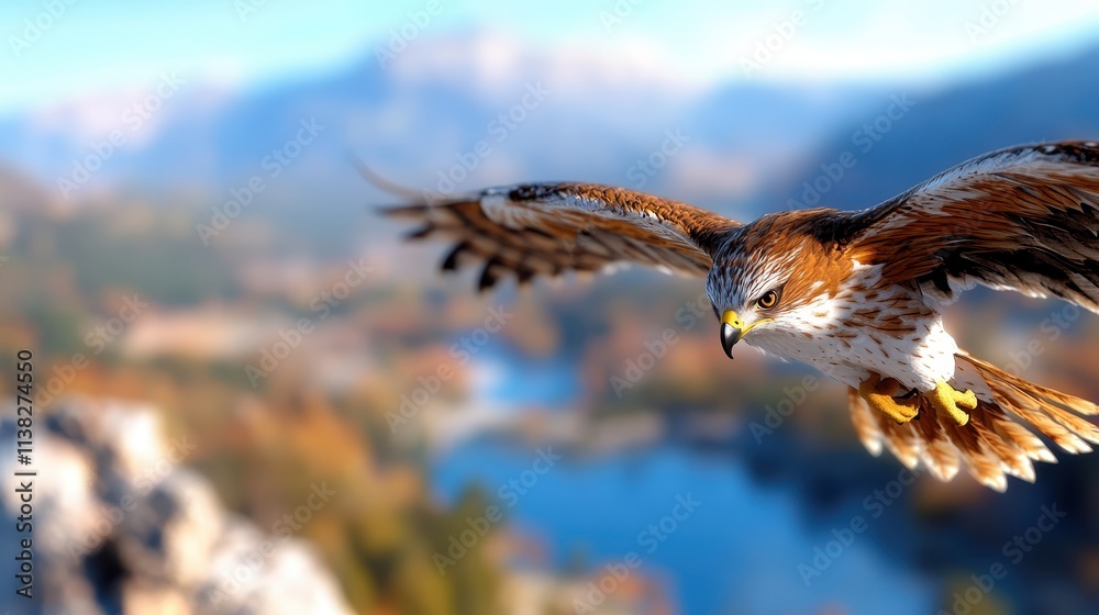 Fototapeta premium A powerful hawk soars above a vast scenic landscape, embodying freedom and grace. The detailed plumage contrasts against the majestic background of nature's beauty.