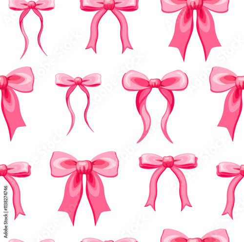 Seamless pattern with cute bows in cartoon style.Vector illustration of a pattern with pink ribbon bows of various shapes and sizes isolated on a white background.Wrapping paper.Packaging. Decoration.