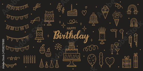 Happy Birthday doodle set. Sketch party decoration, gift box, cake, party. Hand drawn elements. Vector line illustration