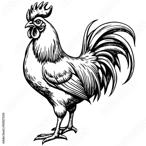 Vintage black and white sketch of a majestic rooster, zodiac symbolism