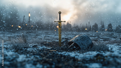 Historic viking battlefield, Golden sword, cracked shields, dented helmets, heavy clouds, snowfall, Medival fight and war photo