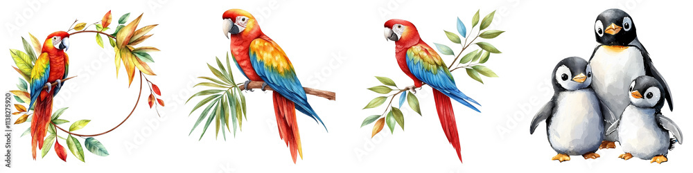 Fototapeta premium cute animal concept. Vibrant parrots and playful penguins in a colorful, artistic arrangement on Transparent background.